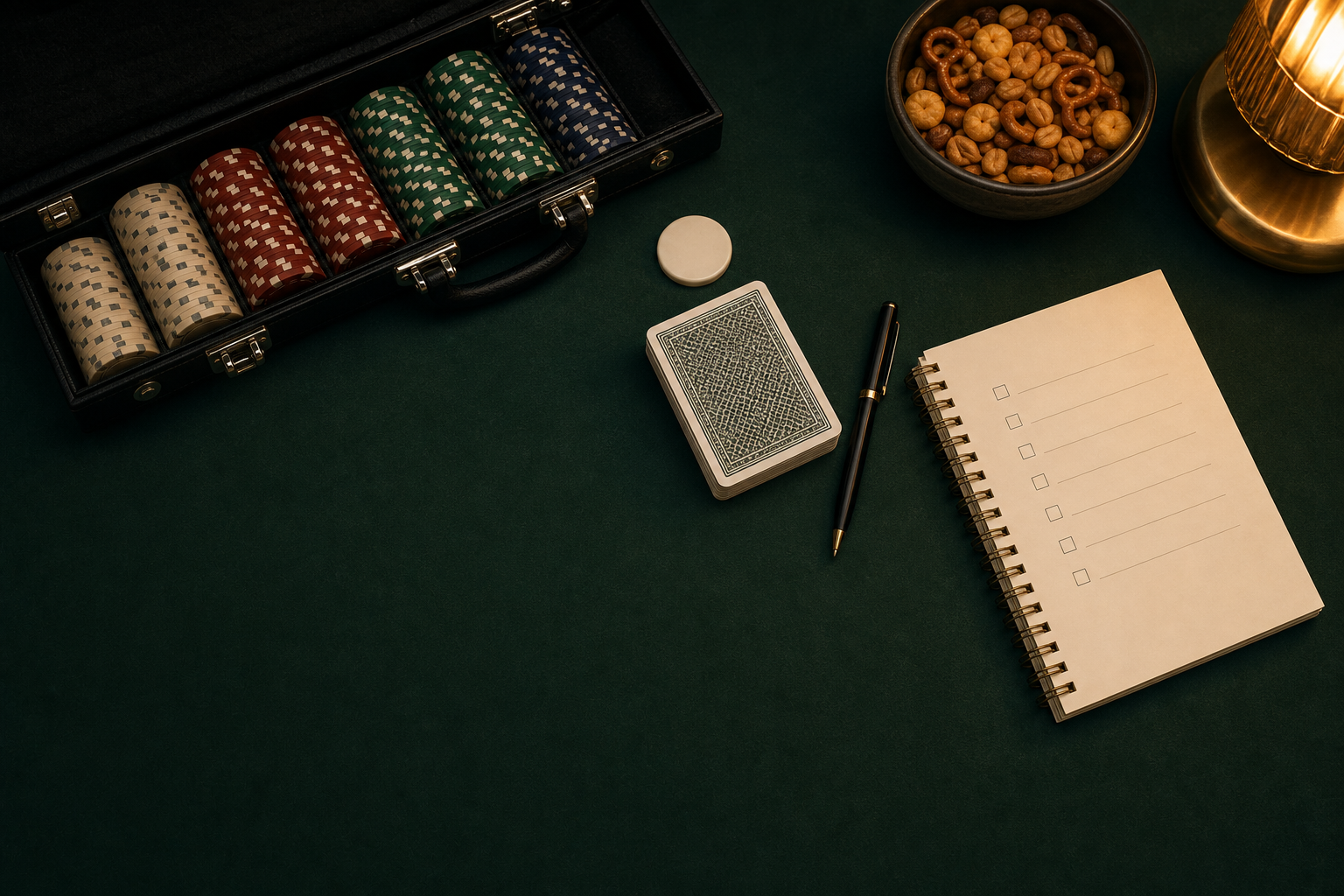 Poker chips, cards, and a blank host checklist arranged on green felt